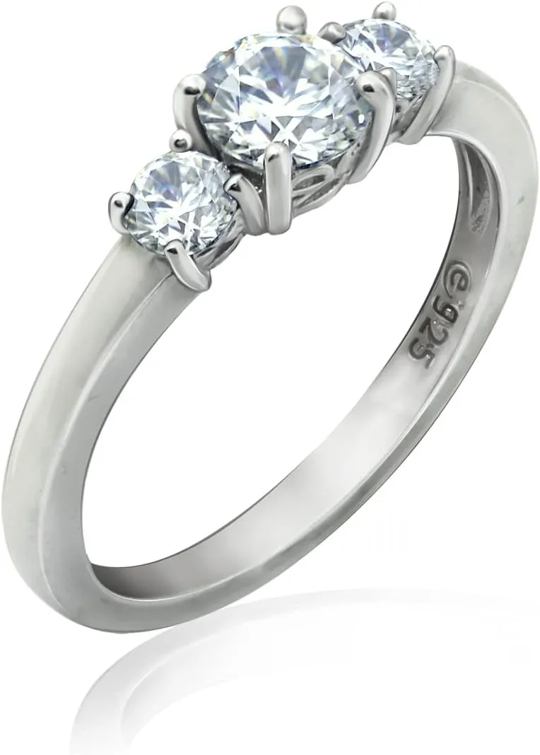 Amazon Essentials Platinum-Plated Sterling Silver Round 3-Stone Ring made with Infinite Elements Cubic Zirconia (1 cttw), Size 8, (previously Amazon Collection)