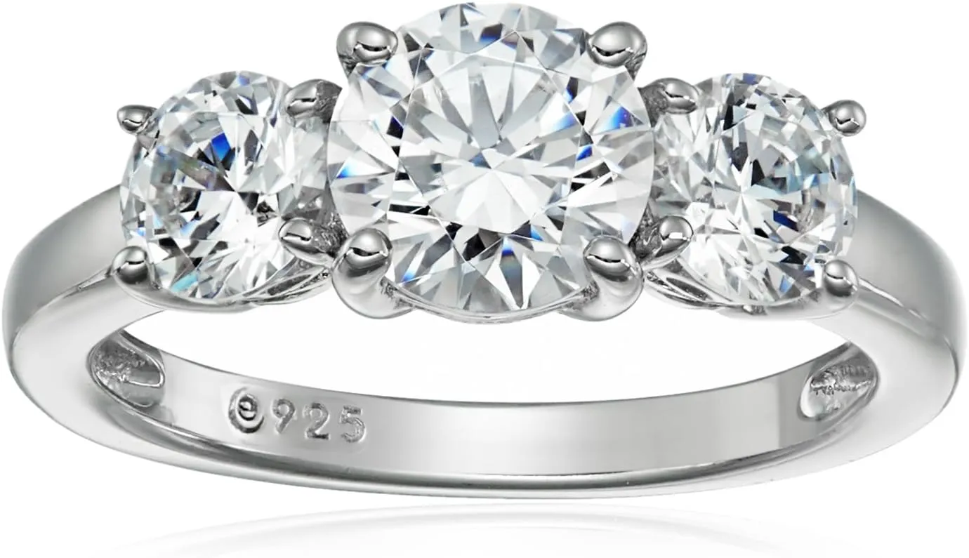 Amazon Essentials Platinum-Plated Sterling Silver Round 3-Stone Ring made with Infinite Elements Cubic Zirconia (2 cttw), Size 5, (previously Amazon Collection)