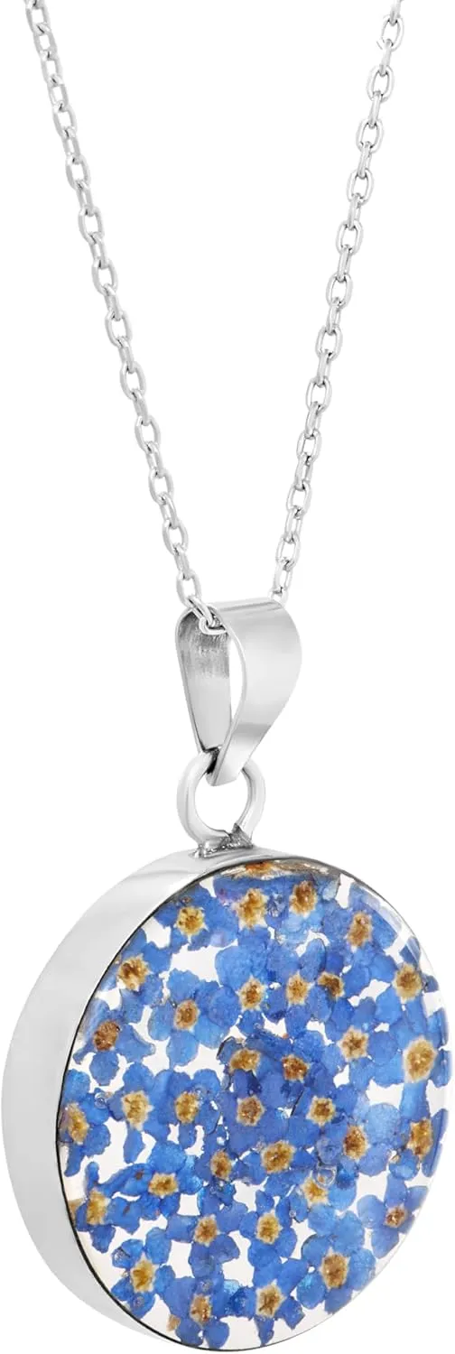 Amazon Essentials Sterling Silver Pressed Flower Round Pendant Necklace, 16" (previously Amazon Collection)
