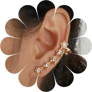 Andelaisi Boho Crystal Star Ear Climber Earrings Gold Star Ear Cuff Wrap Crawler Earrings Vintage Rhinestone Star Cuff Earrings Bling Cz Star Crawler Climber Earrings Jewelry for Women