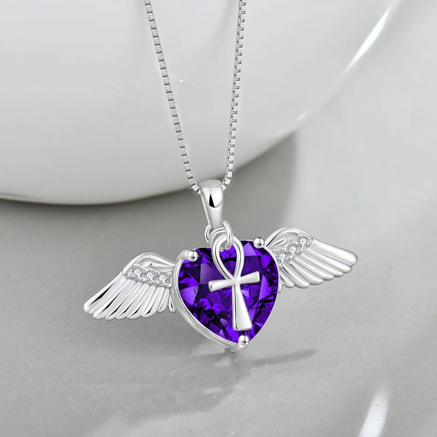 Angel Wings Necklace for Women, 925 Sterling Silver Angel Wings Pendant Necklace Love Heart Crystal Birthstone Necklace, Angel Jewelry Birthday Christmas Gifts for Women Wife Mom Girlfriend
