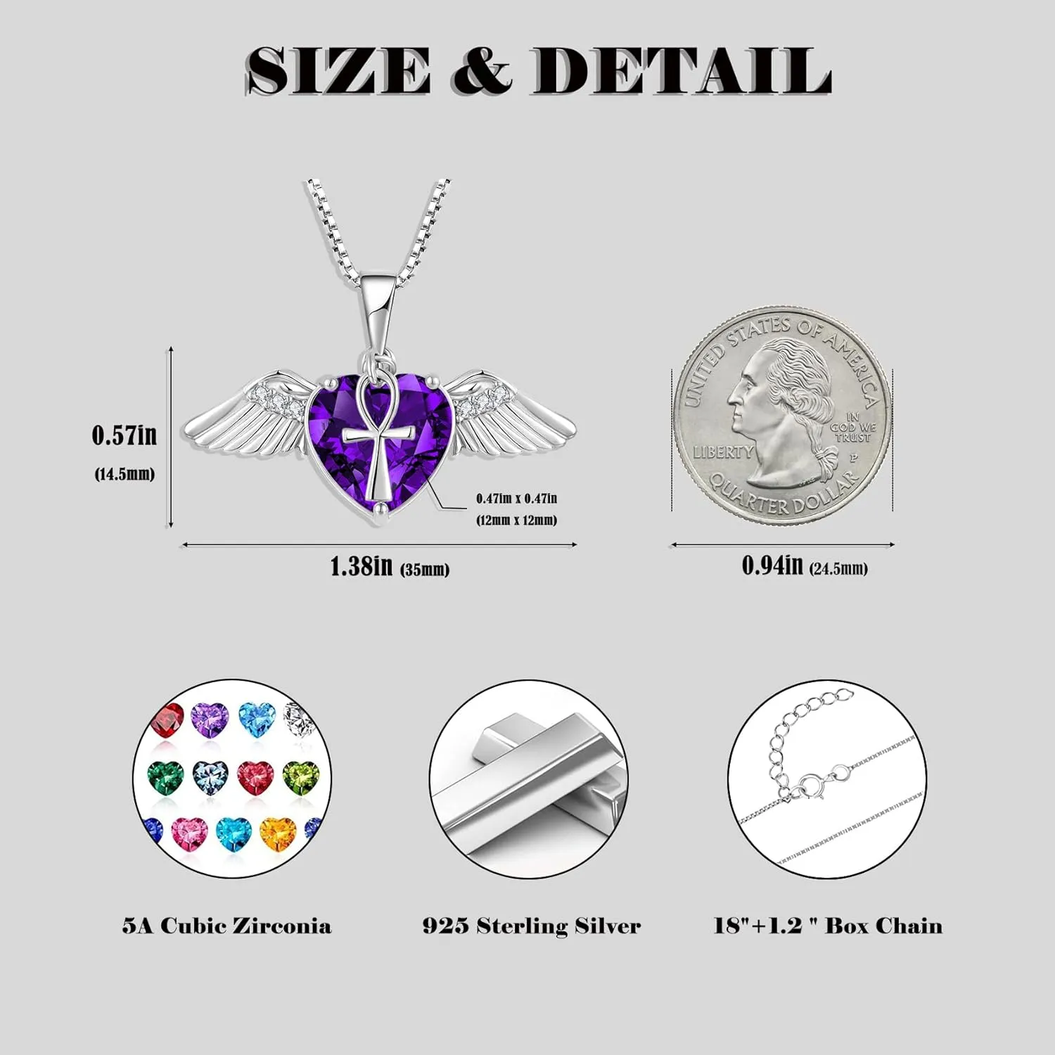 Angel Wings Necklace for Women, 925 Sterling Silver Angel Wings Pendant Necklace Love Heart Crystal Birthstone Necklace, Angel Jewelry Birthday Christmas Gifts for Women Wife Mom Girlfriend