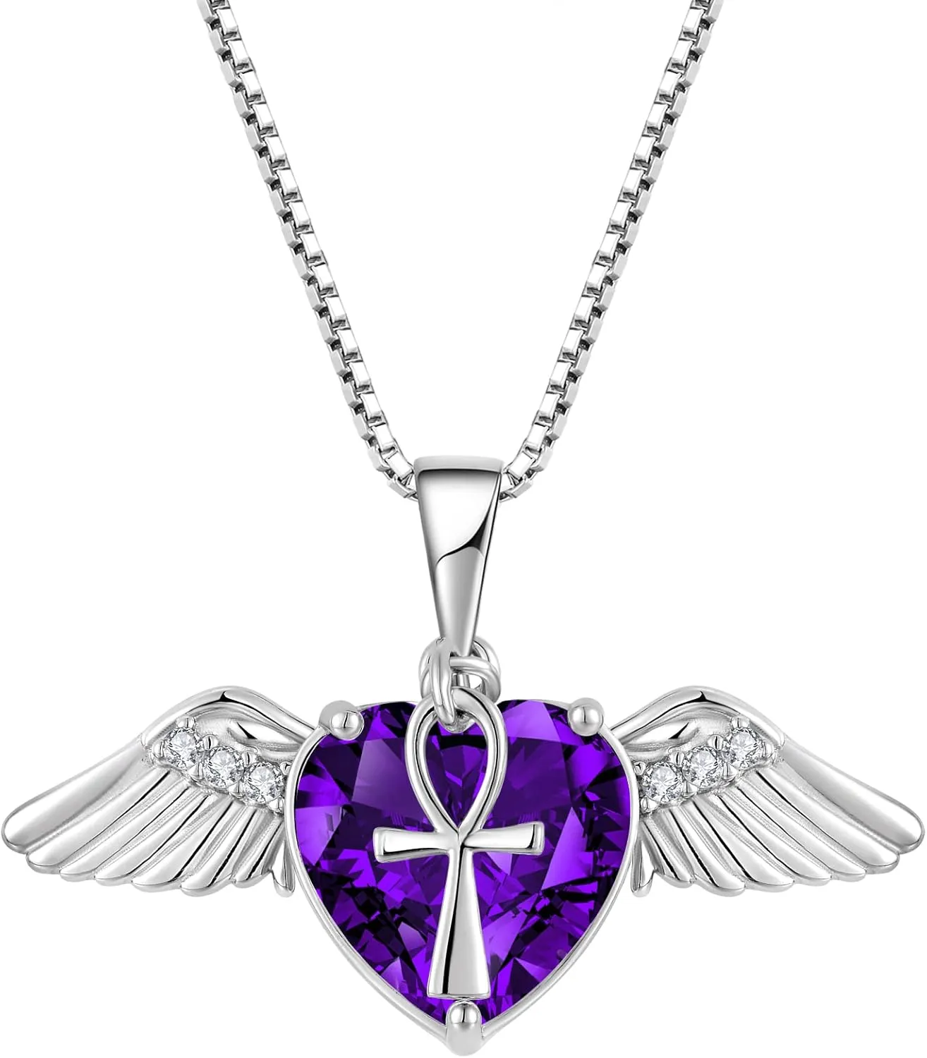 Angel Wings Necklace for Women, 925 Sterling Silver Angel Wings Pendant Necklace Love Heart Crystal Birthstone Necklace, Angel Jewelry Birthday Christmas Gifts for Women Wife Mom Girlfriend