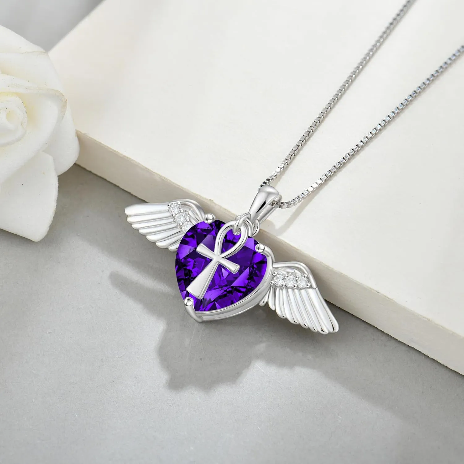 Angel Wings Necklace for Women, 925 Sterling Silver Angel Wings Pendant Necklace Love Heart Crystal Birthstone Necklace, Angel Jewelry Birthday Christmas Gifts for Women Wife Mom Girlfriend