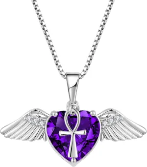 Angel Wings Necklace for Women, 925 Sterling Silver Angel Wings Pendant Necklace Love Heart Crystal Birthstone Necklace, Angel Jewelry Birthday Christmas Gifts for Women Wife Mom Girlfriend