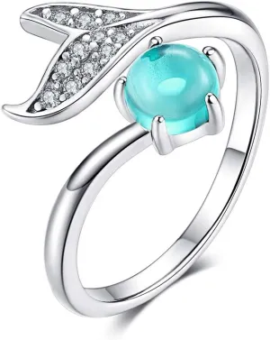 Animal Mermaid Tail Rings for Women Sterling Silver Dolphin Tail Adjustable Open Ocean Pearl Ring for Teen Girls Mother's Day Christmas Jewelry (Mermaid ring)