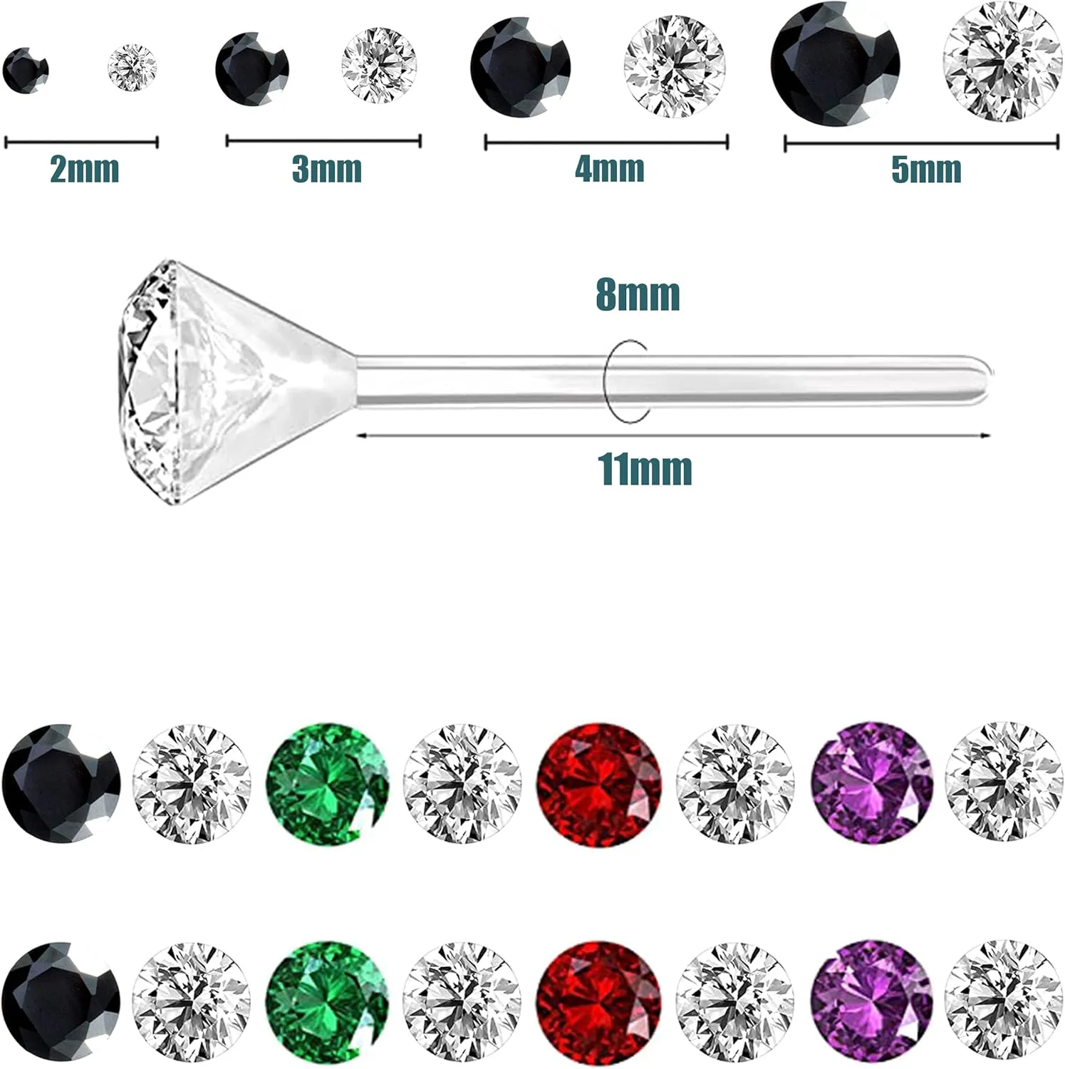 Anti Allergy Plastic Earrings for Sensitive Ears, Silicone Soft Earring Backs, Cubic Zirconia Stud Earrings Kit, 2mm, 3mm, 4mm, 5mm