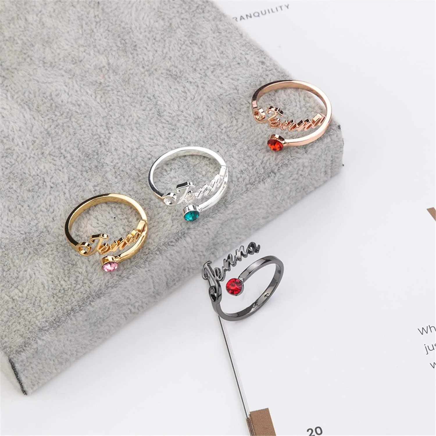 AOBOCO 925 Sterling Silver Personalized Custom Ring with Name Letter Initial Adjustable Ring Gift for Her Women Engraving Customize Rings with Birthstone Crystal