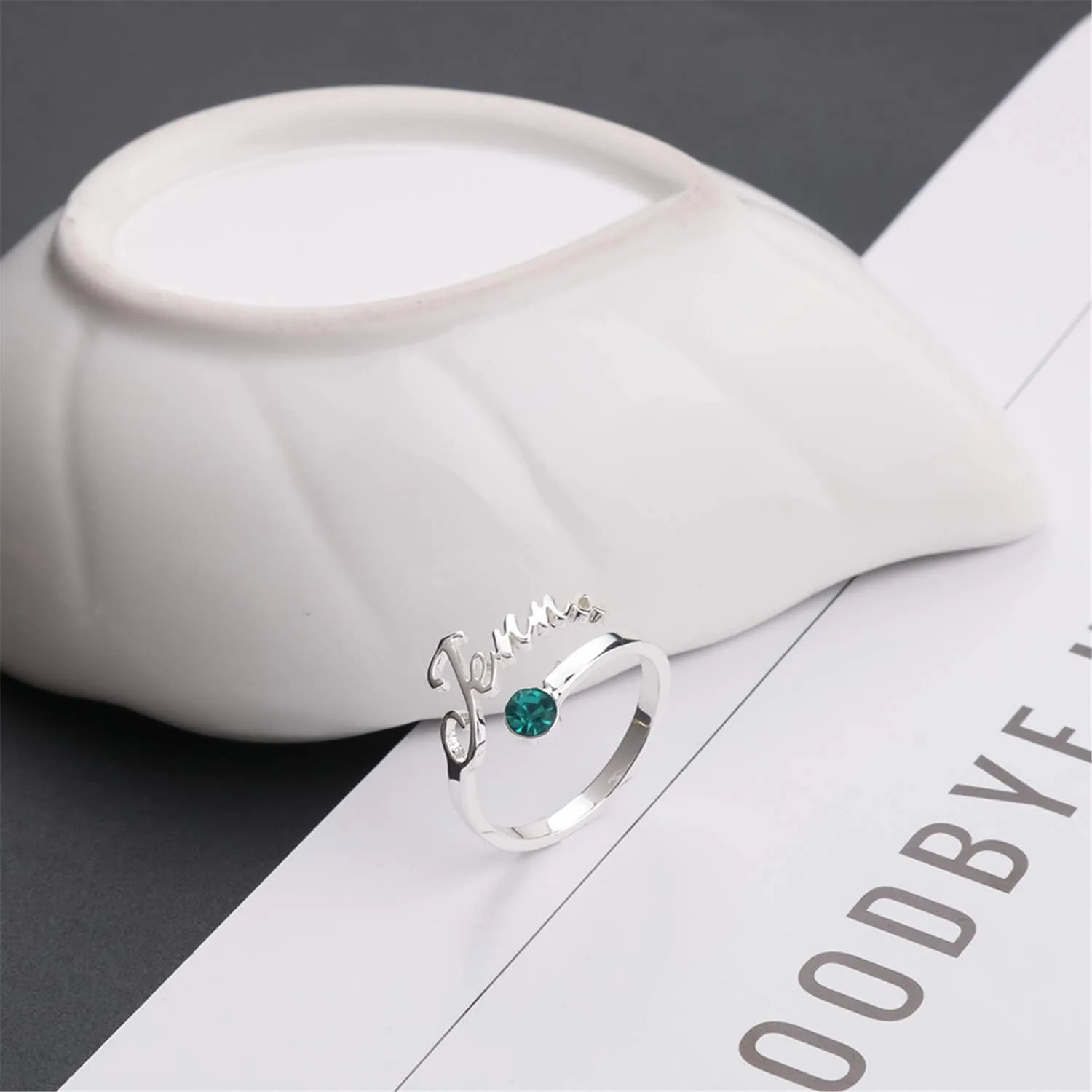AOBOCO 925 Sterling Silver Personalized Custom Ring with Name Letter Initial Adjustable Ring Gift for Her Women Engraving Customize Rings with Birthstone Crystal