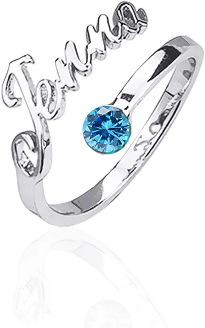 AOBOCO 925 Sterling Silver Personalized Custom Ring with Name Letter Initial Adjustable Ring Gift for Her Women Engraving Customize Rings with Birthstone Crystal