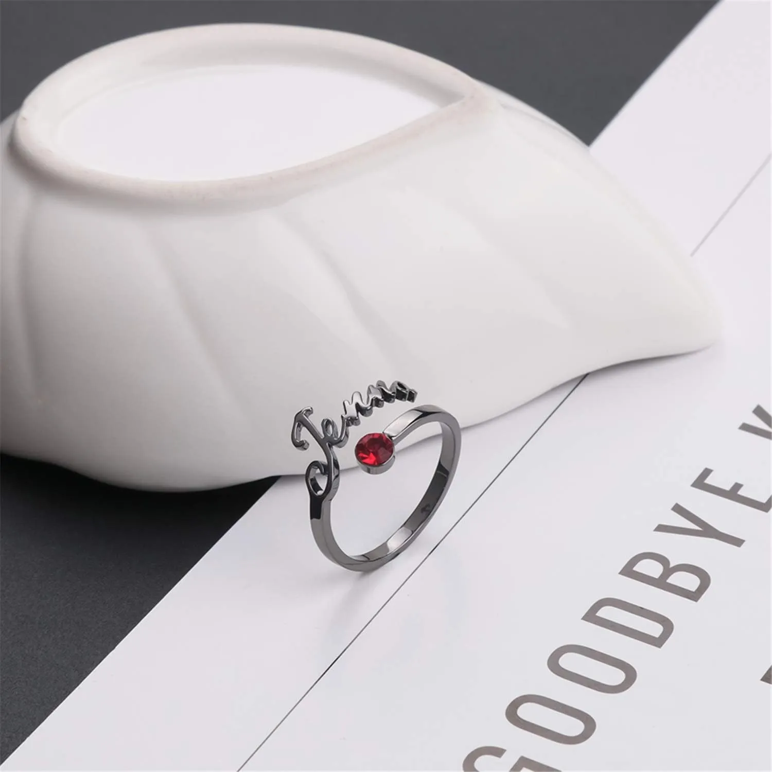 AOBOCO 925 Sterling Silver Personalized Custom Ring with Name Letter Initial Adjustable Ring Gift for Her Women Engraving Customize Rings with Birthstone Crystal