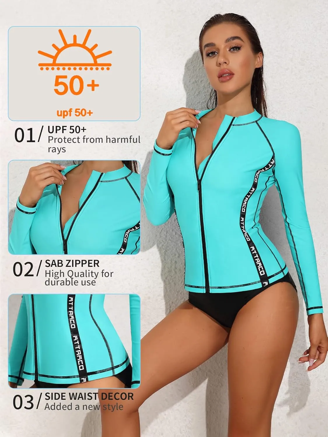 ATTRACO Long Sleeve Rash Guard Shirts for Women Full Zip Jackets Sun Protection Surfing Swimsuit