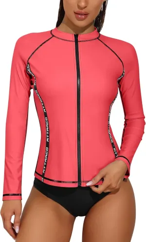 ATTRACO Long Sleeve Rash Guard Shirts for Women Full Zip Jackets Sun Protection Surfing Swimsuit