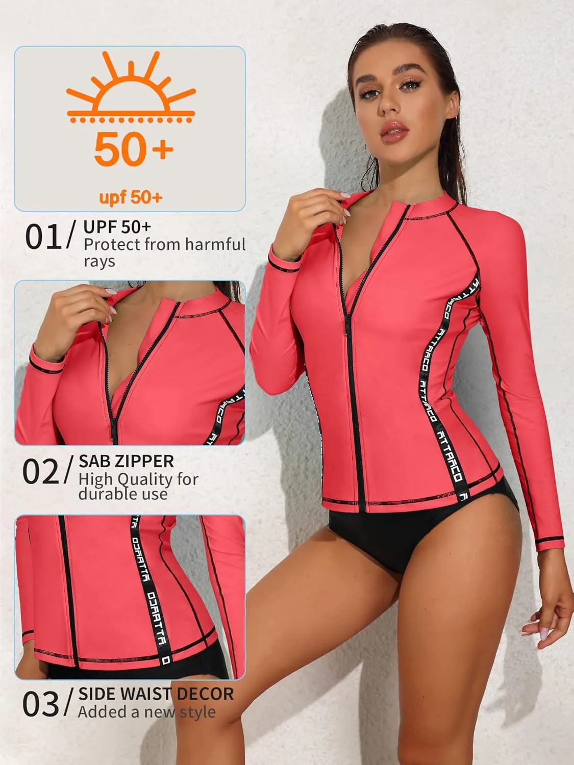 ATTRACO Long Sleeve Rash Guard Shirts for Women Full Zip Jackets Sun Protection Surfing Swimsuit