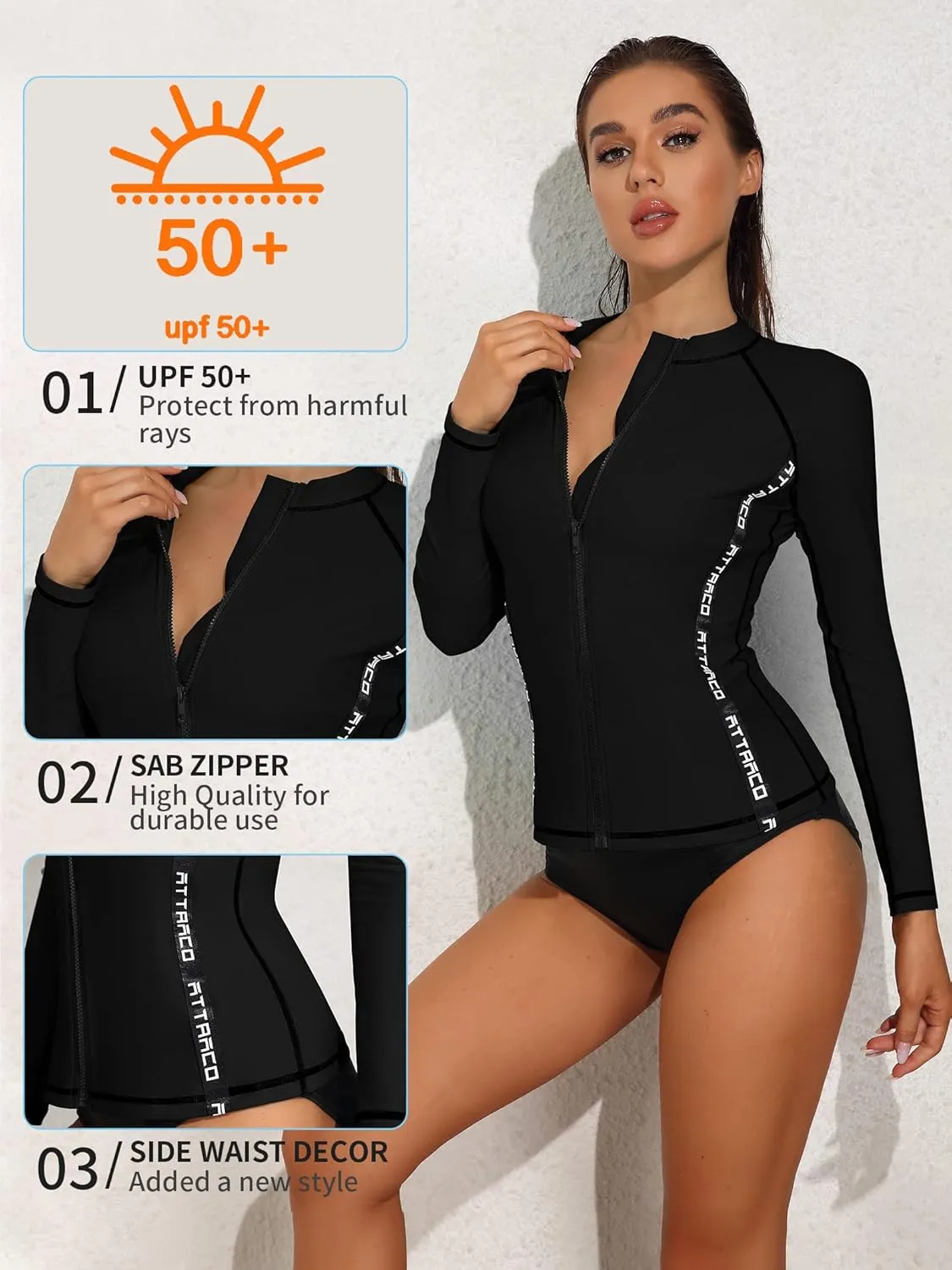 ATTRACO Long Sleeve Rash Guard Shirts for Women Full Zip Jackets Sun Protection Surfing Swimsuit