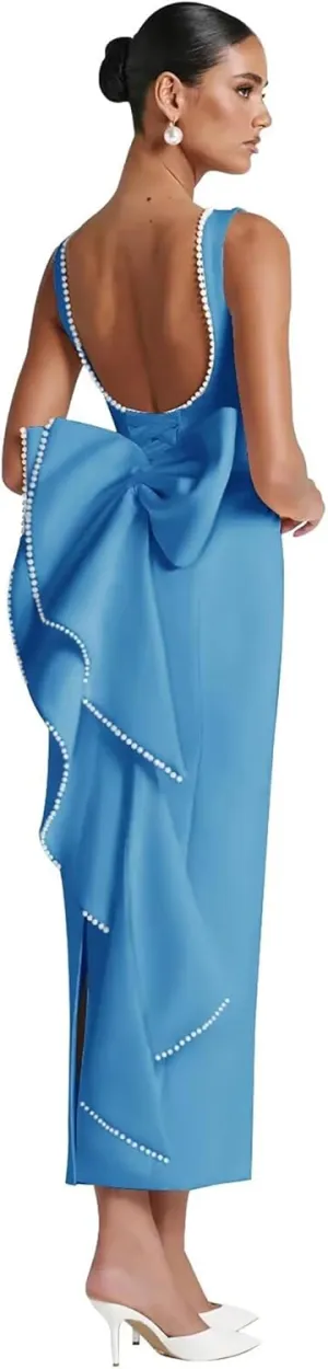 Backless Satin Wedding Guest Dresses Midi Pearl Prom Formal Evening Gown with Bow