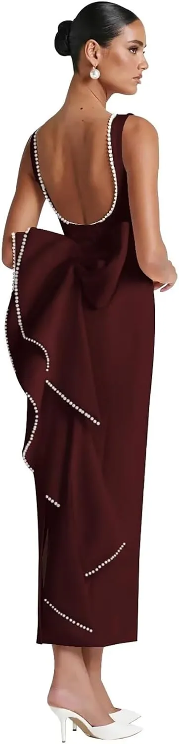 Backless Satin Wedding Guest Dresses Midi Pearl Prom Formal Evening Gown with Bow