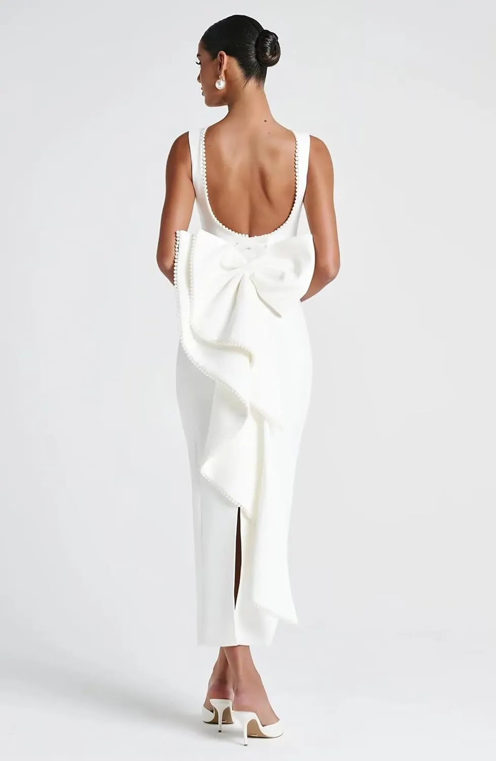 Backless Satin Wedding Guest Dresses Midi Pearl Prom Formal Evening Gown with Bow