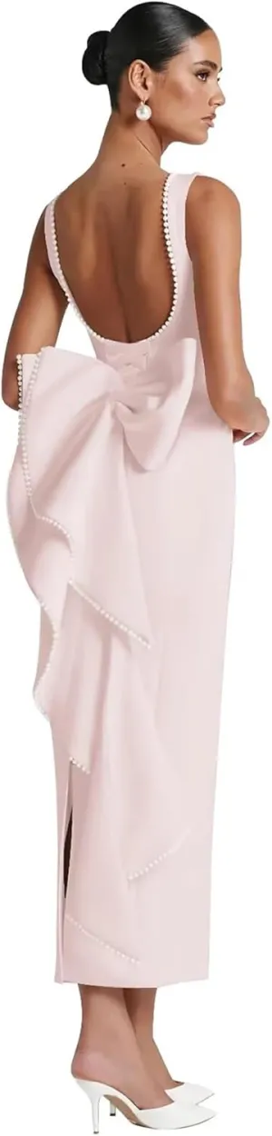Backless Satin Wedding Guest Dresses Midi Pearl Prom Formal Evening Gown with Bow