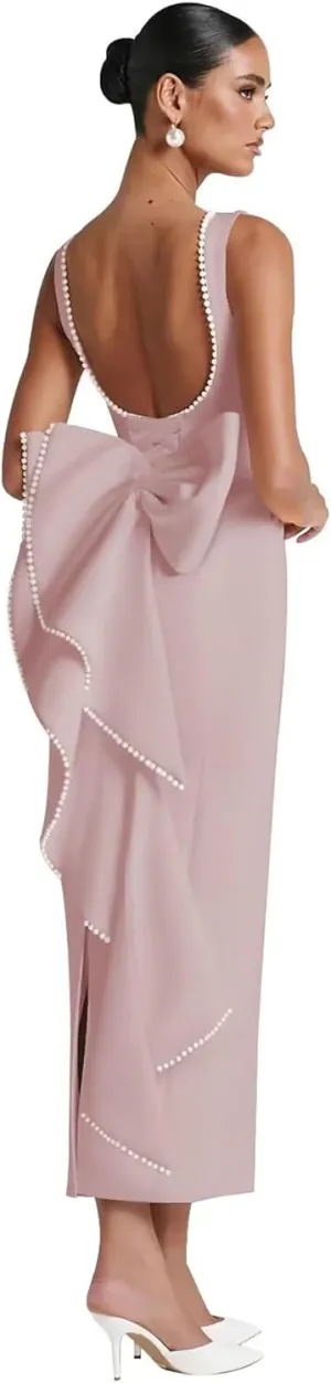 Backless Satin Wedding Guest Dresses Midi Pearl Prom Formal Evening Gown with Bow
