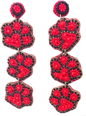 Beaded 3 Tier Paw Post Earrings Handmade Paw Earrings Red and Black