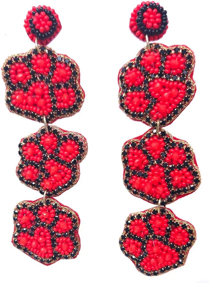 Beaded 3 Tier Paw Post Earrings Handmade Paw Earrings Red and Black