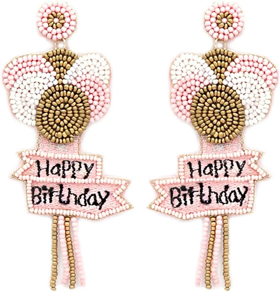 Beaded Happy Birthday Balloon Post Earrings Handmade B-day Balloon Earrings