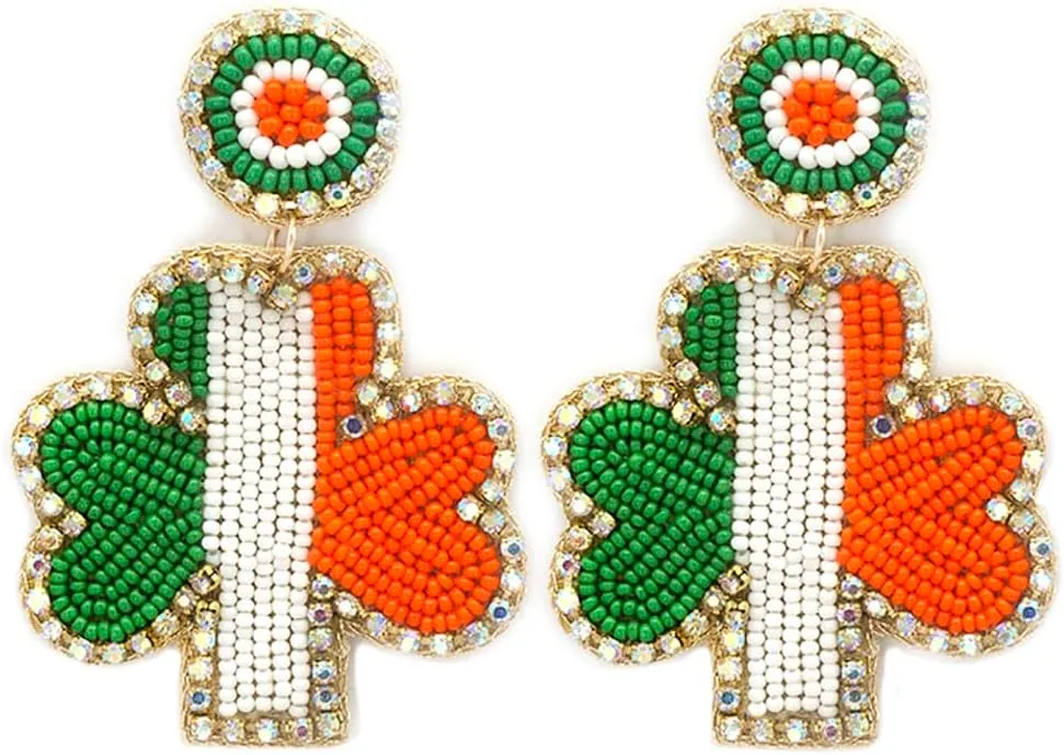 Beaded Irish Flag Clover Post Earrings Handmade Lucky Clover Earrings Saint Patrick's Day