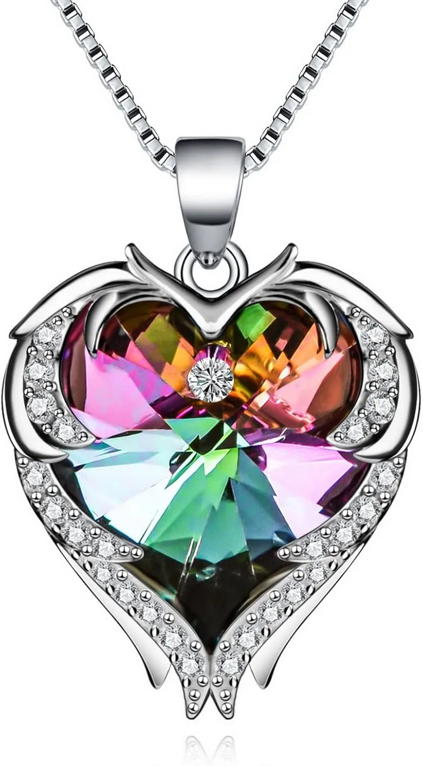 Beutirer Angel Wing Heart Necklaces for Women, 18K White Gold Plated Love Heart Necklace for Girls, Pendant Necklace Crystal, Birthday Anniversary Christmas Jewelry Gifts for Women Girls Mom Wife