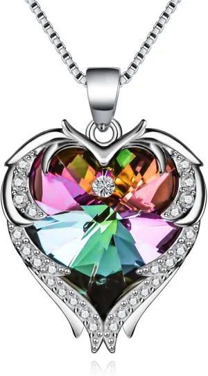 Beutirer Angel Wing Heart Necklaces for Women, 18K White Gold Plated Love Heart Necklace for Girls, Pendant Necklace Crystal, Birthday Anniversary Christmas Jewelry Gifts for Women Girls Mom Wife