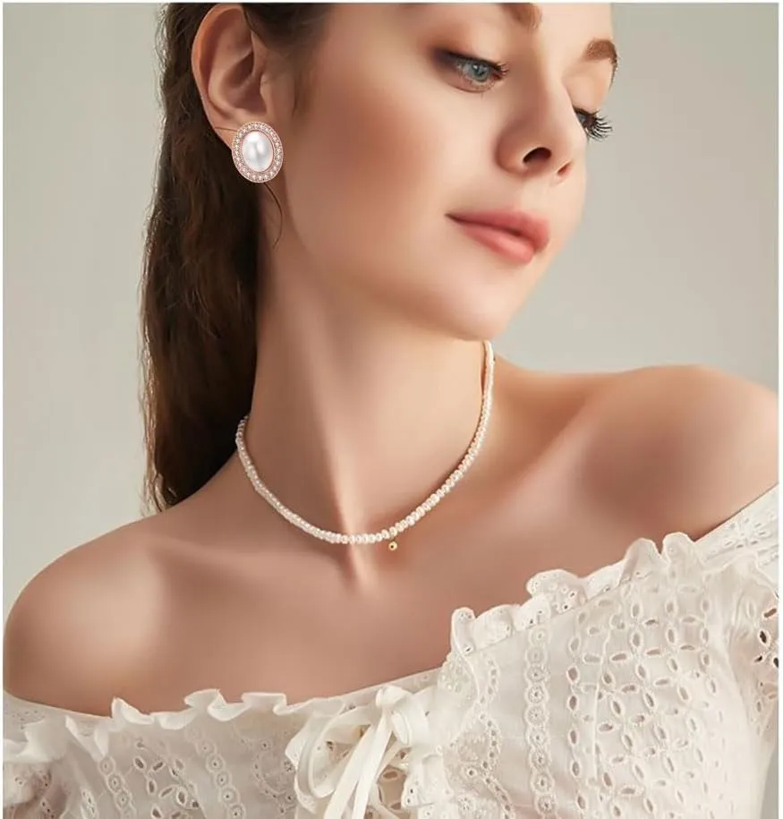 Big Rhinestone Mabe Pearl Earrings Statement Gold Rose Gold Silver Stud Earrings for Women Wedding Party Prom Vintage Jewelry