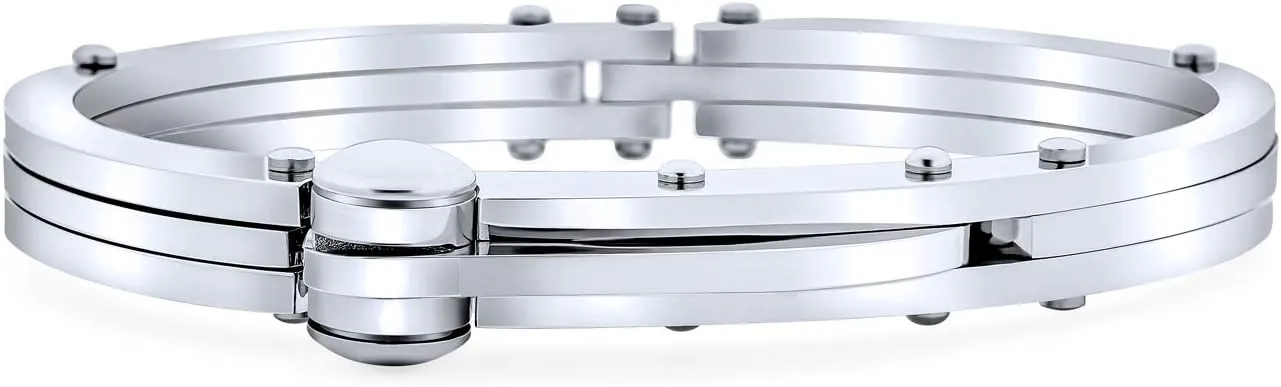 Biker Handcuff Bangle Bracelet For Men Black Silver Tone Stainless Steel 8 Inch Button Hinge Clasp