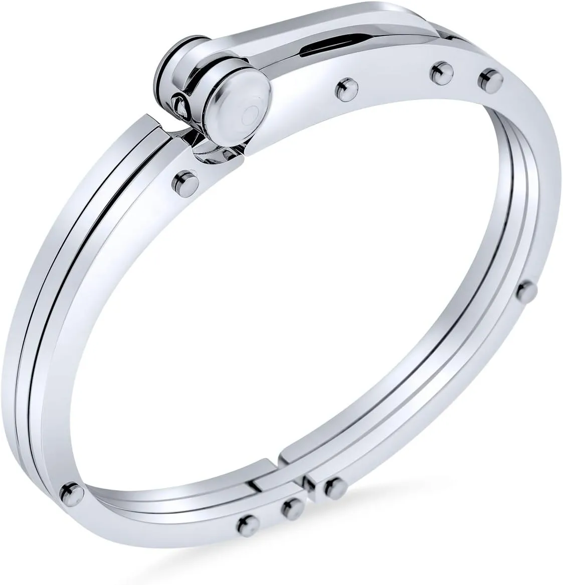 Biker Handcuff Bangle Bracelet For Men Black Silver Tone Stainless Steel 8 Inch Button Hinge Clasp