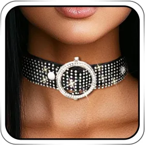Black Rhinestone Choker Necklace Leather Gothic Thick Collar for Women
