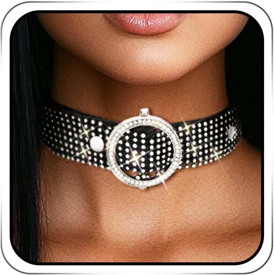Black Rhinestone Choker Necklace Leather Gothic Thick Collar for Women