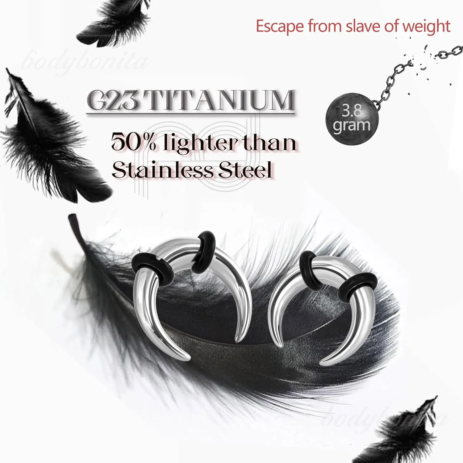 BodyBonita G23 Titanium Septum Rings 6G 8G 12G - Horseshoe Circular Barbell Spikes Stretched Pincher Nose Piercing Jewelry ASTM F136 Titanium Earrings for Women Men Silver 10 mm 12 mm
