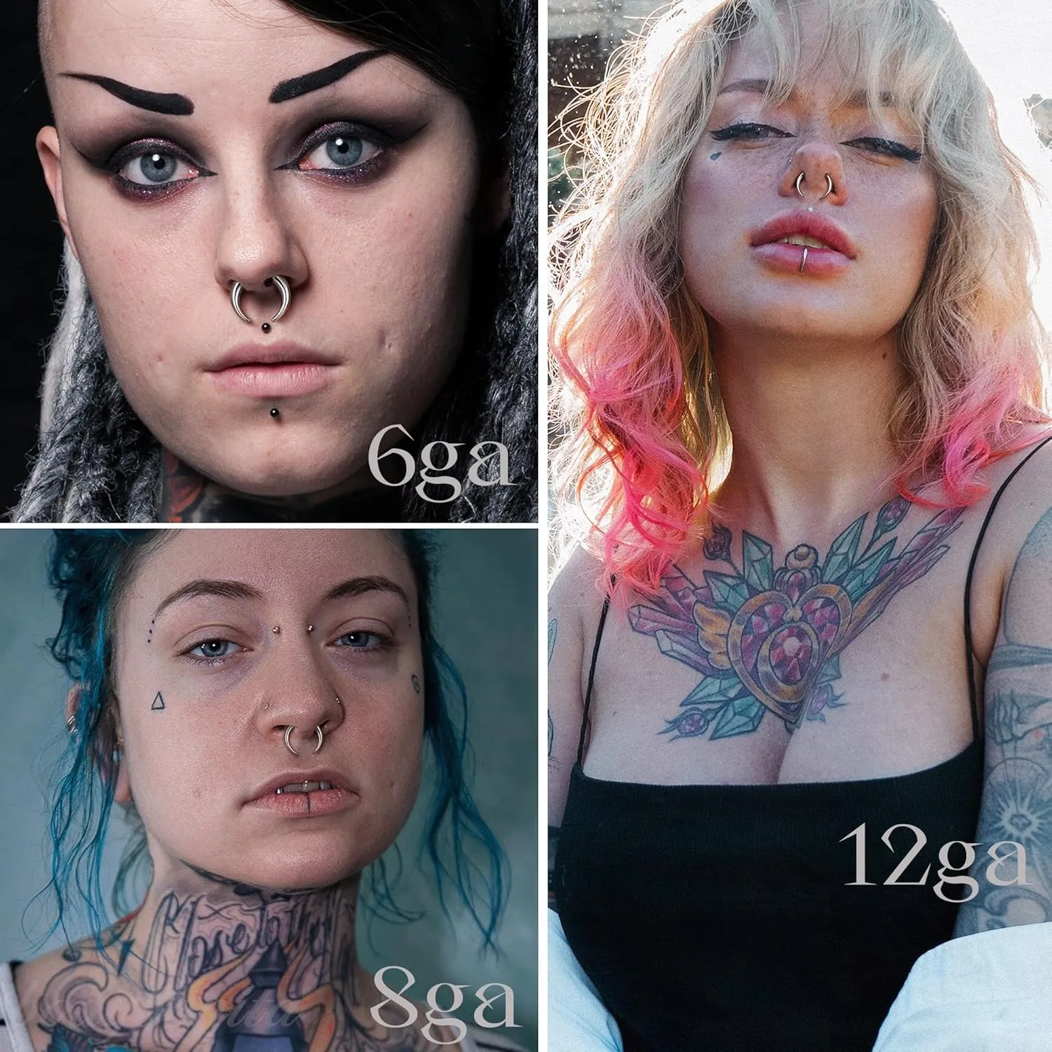 BodyBonita G23 Titanium Septum Rings 6G 8G 12G - Horseshoe Circular Barbell Spikes Stretched Pincher Nose Piercing Jewelry ASTM F136 Titanium Earrings for Women Men Silver 10 mm 12 mm