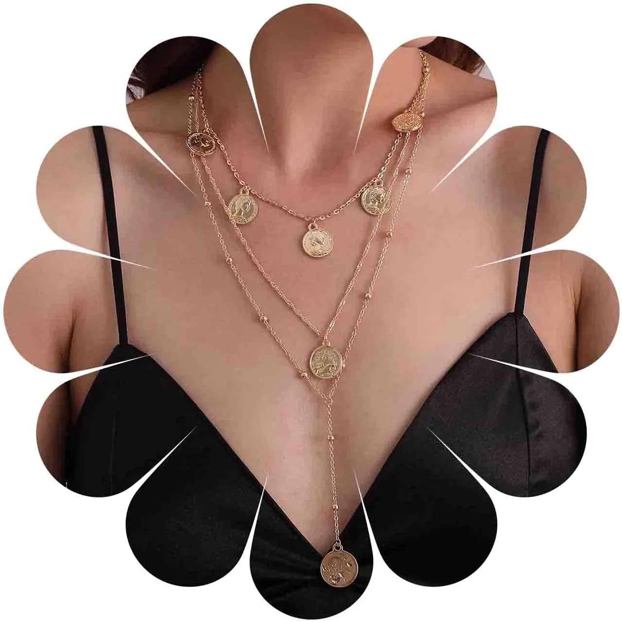 Bohemia Layered Coin Choker Necklace Vintage Long Y Lariat Necklace Chain Gold Medallion Pendant Necklace Disc Dangle Necklace Chain Jewelry for Women