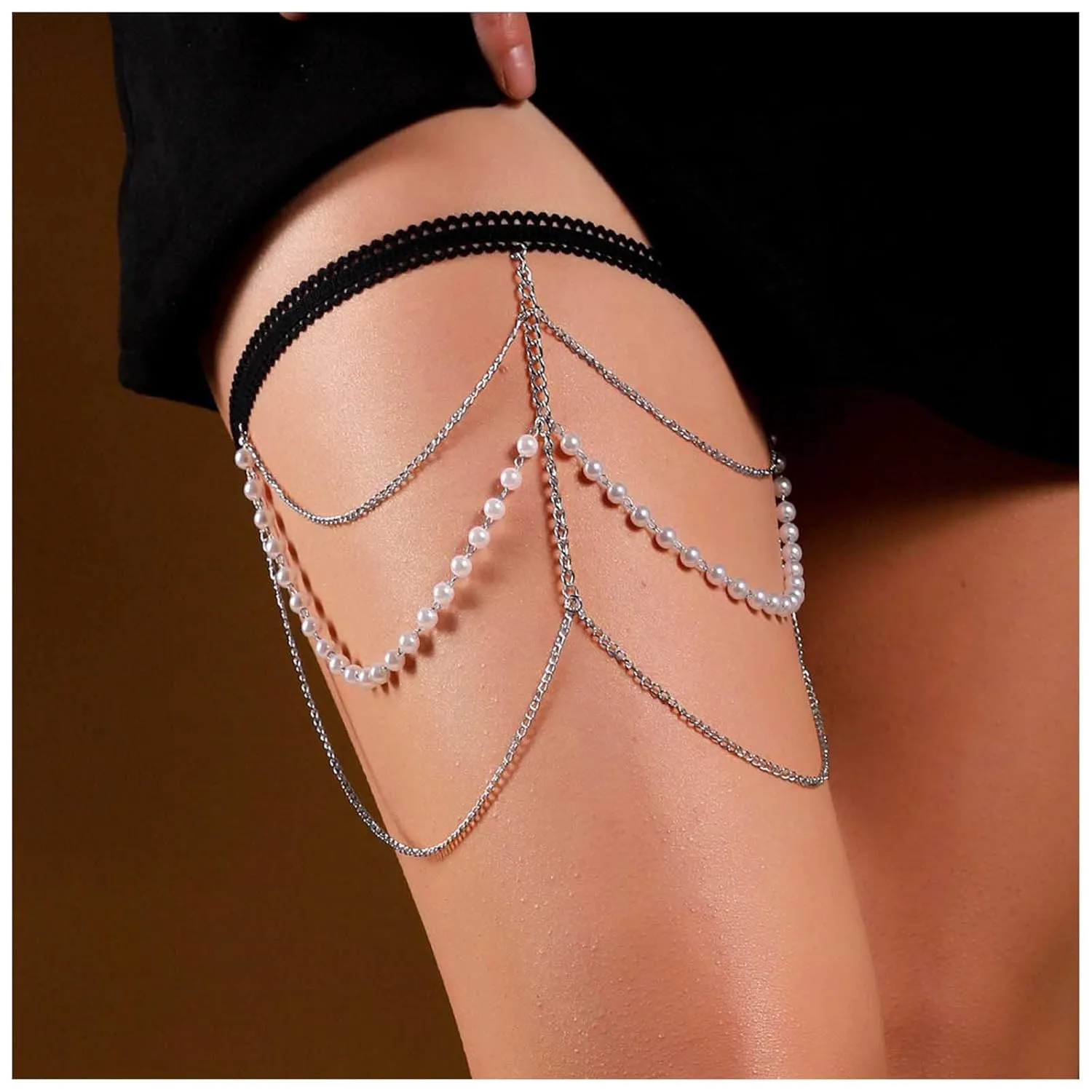 Bohemia Layered Pearl Leg Chain Silver Pearl Thigh Chain Vintage Thigh Leg Chain Rave Bikini Thigh Body Chain Jewelry for Women and Girls Gifts (Silver)