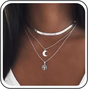 Bohemian Layered Moon Pendant Necklace Tree of Life Necklace Chain Snake Chain Necklace Silver Flat Snake Herringbone Choker Necklace Geometric Circle Necklace Chain Jewelry for Women
