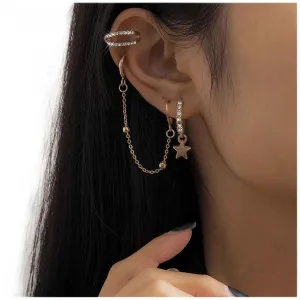 Bohemian Star Dangle Hoop Earrings Crystal Hoop Earrings Rhinestone Cuff Chain Earrings Star Cartilage Tassel Earring Gold Cz Cuff Chain Hoop Earrings Set Jewelry for Women Girls 3 Piece