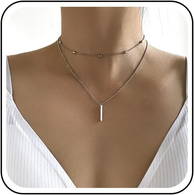 Boho Layered Bar Pendant Necklace Silver Satellite Choker Necklace Vertical Bar Choker Chain Necklace Vintage Double Layer Necklace Chain Jewelry for Women
