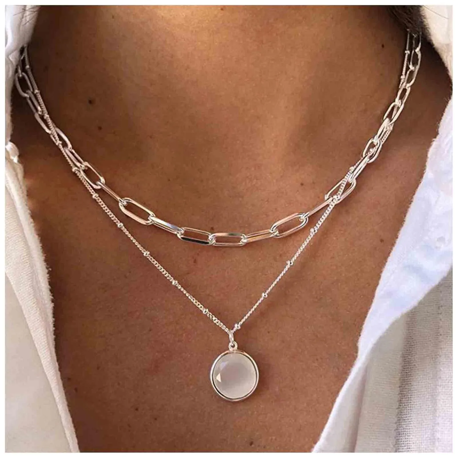 Boho Layered Moonstone Necklace Gold Opal Moonstone Pendant Necklace Paper Clip Chain Choker Necklace Punk Flat Chain Necklace Jewelry for Women (Gold)