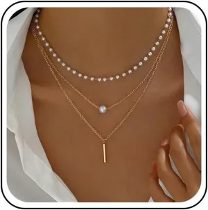 Boho Layered Necklace Chain Pearl Bead Choker Necklace Tiny Pearl Chain Necklace Vertical Bar Pendant Necklace Vintage Pearl Beaded Necklace Jewelry for Women