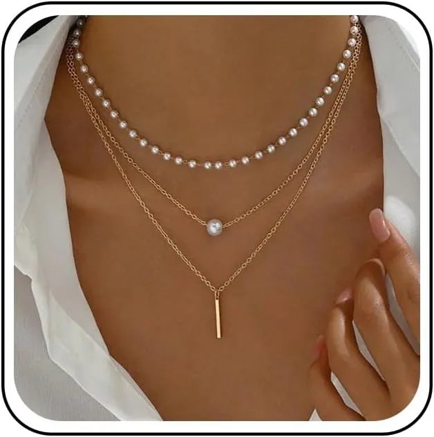 Boho Layered Necklace Chain Pearl Bead Choker Necklace Tiny Pearl Chain Necklace Vertical Bar Pendant Necklace Vintage Pearl Beaded Necklace Jewelry for Women