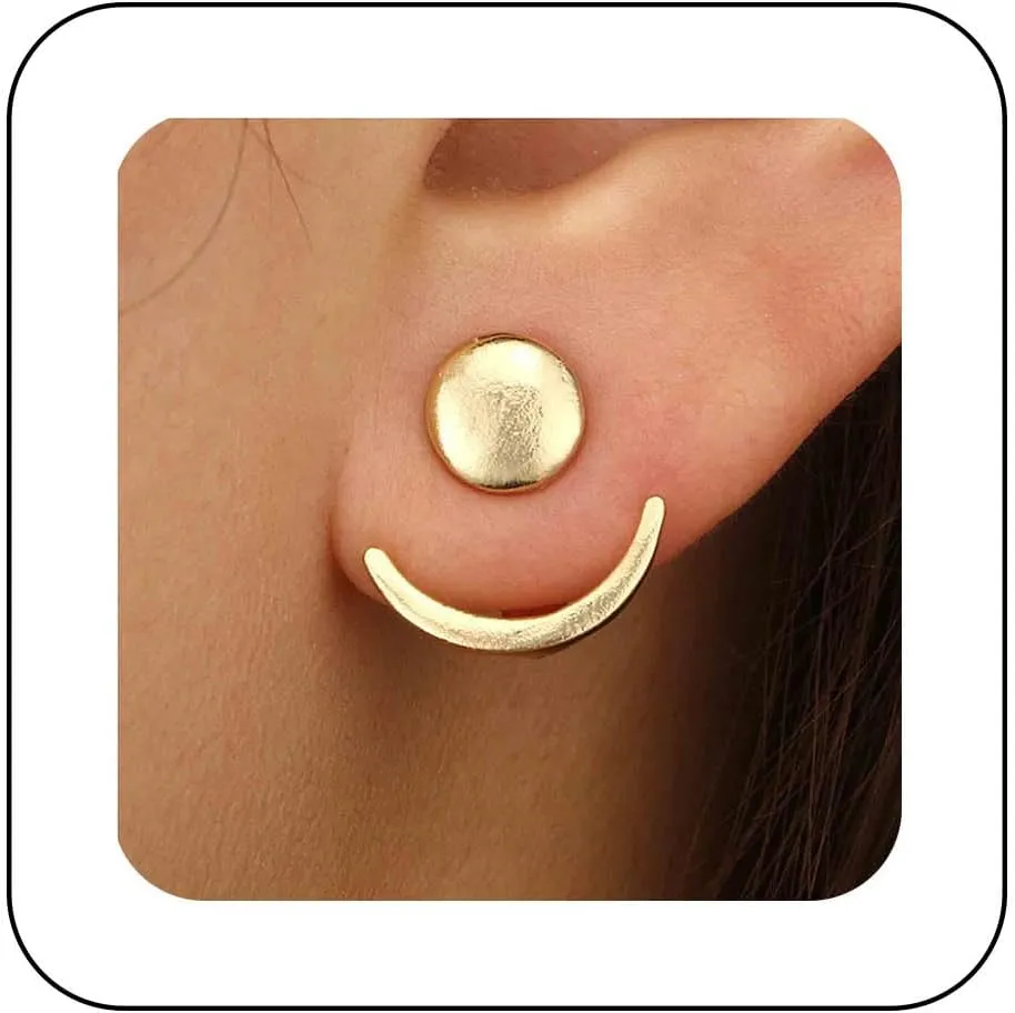 Boho Moon Phase Ear Jackets Earrings Gold Sun Moon Earrings Double Sided Round Studs Earrings Minimalist Geometric Earrings Jewelry for Women