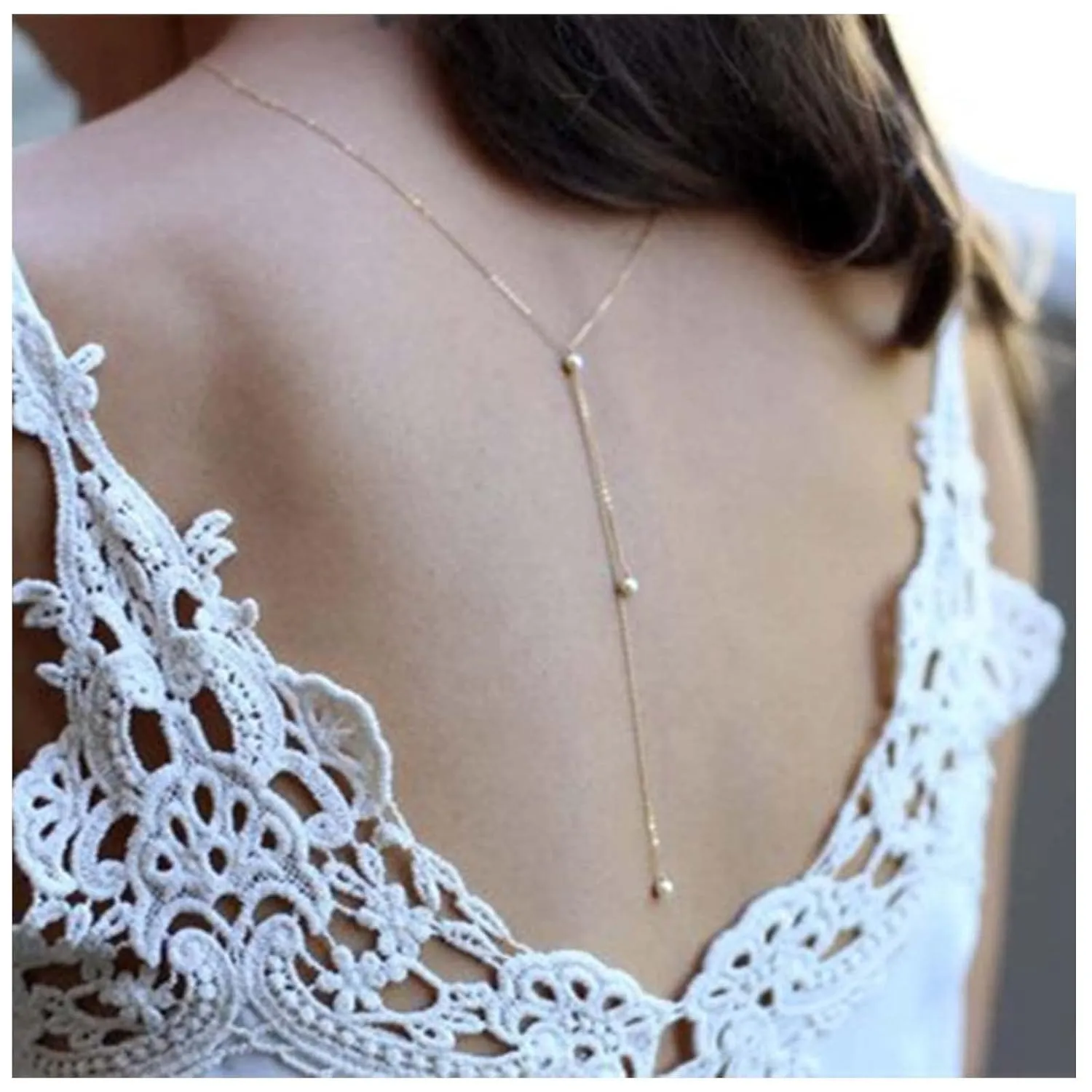 Boho Pearl Back Chain Necklace Gold Layered Backdrop Necklace Body Chain Pearl Bridal Back Drop Chain Summer Beach Body Jewelry for Women Gifts (Gold)