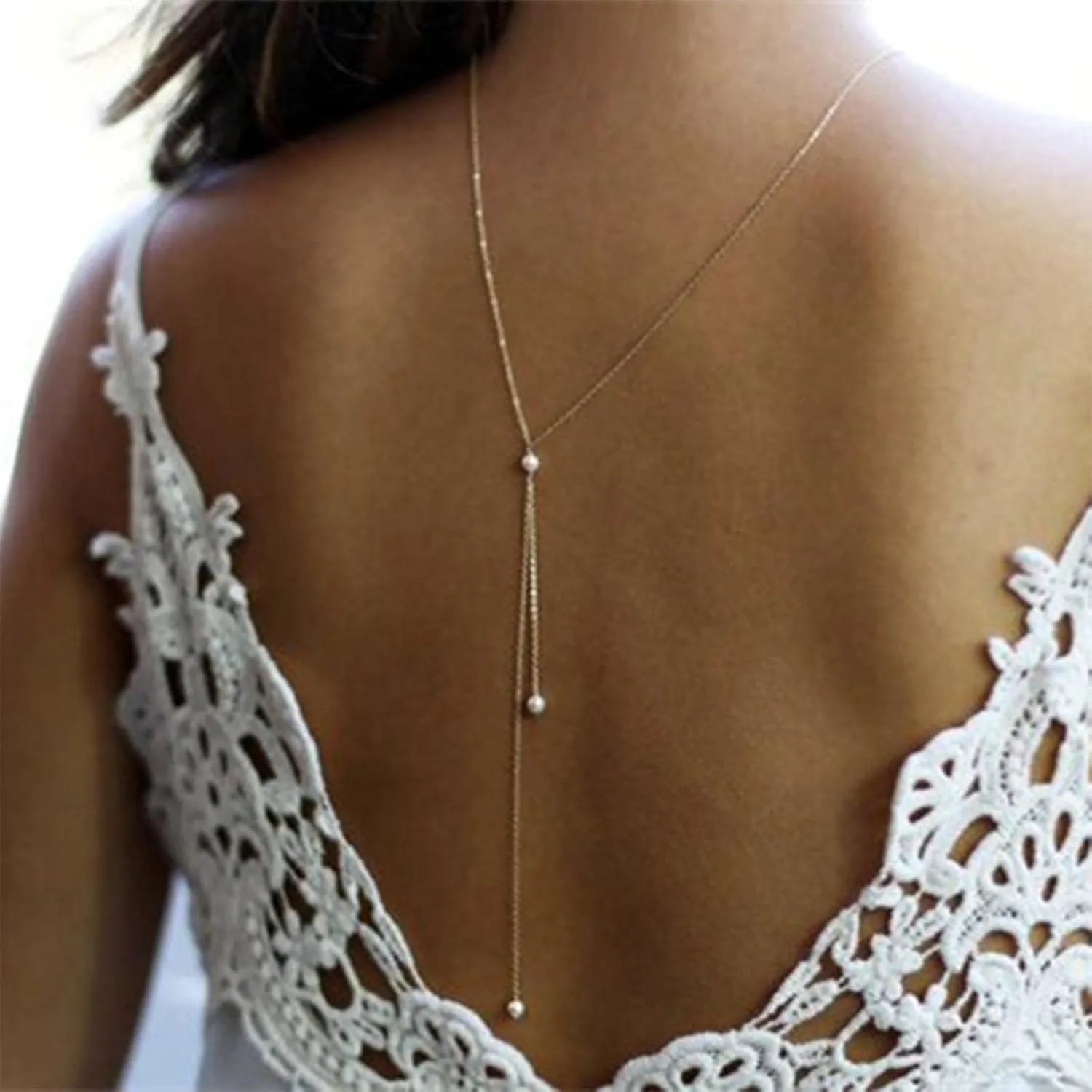 Boho Pearl Back Chain Necklace Gold Layered Backdrop Necklace Body Chain Pearl Bridal Back Drop Chain Summer Beach Body Jewelry for Women Gifts (Gold)