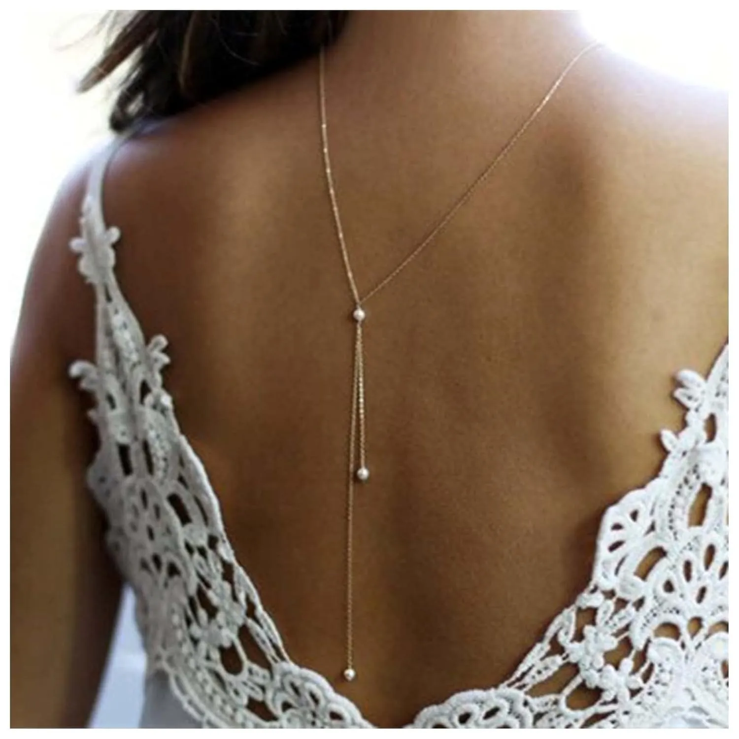 Boho Pearl Back Chain Necklace Silver Layered Backdrop Necklace Body Chain Pearl Bridal Back Drop Chain Summer Beach Body Jewelry for Women (Silver)