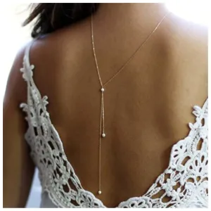 Boho Pearl Back Chain Necklace Silver Layered Backdrop Necklace Body Chain Pearl Bridal Back Drop Chain Summer Beach Body Jewelry for Women (Silver)